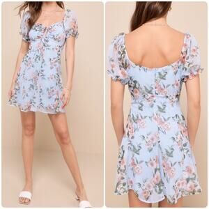 Lulus Precious Perspective Light Blue Floral Puff Sleeve Mini Dress